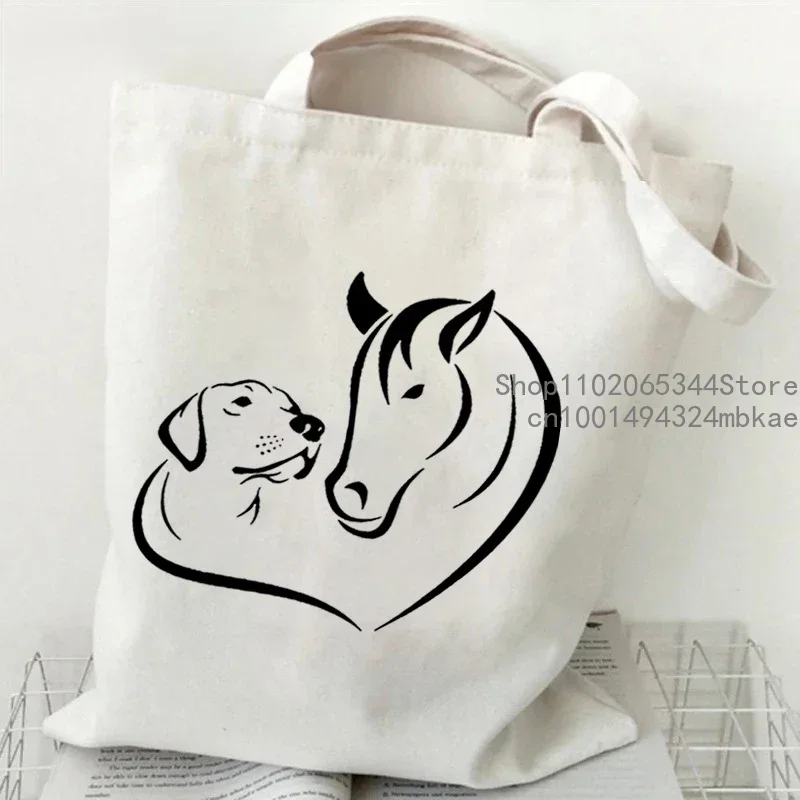 Horses and Dog Heart Graphics Fashion Tote Handbags for Women Large Capacity Harajuku Animal Horses Lover Travel Shoulder Bag