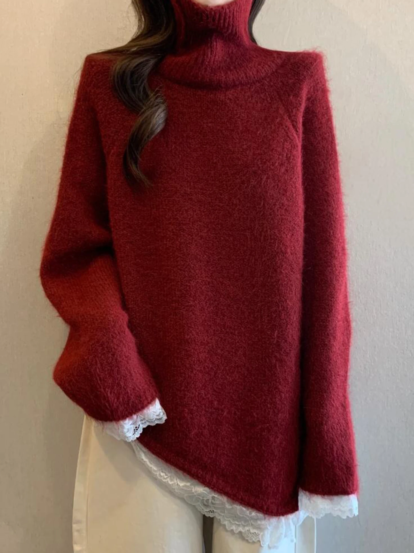 

Red High Collar Knitted Sweater Women's Loose Fit Autumn Winter Large Size Comfortable Lazy High End Beautiful Top