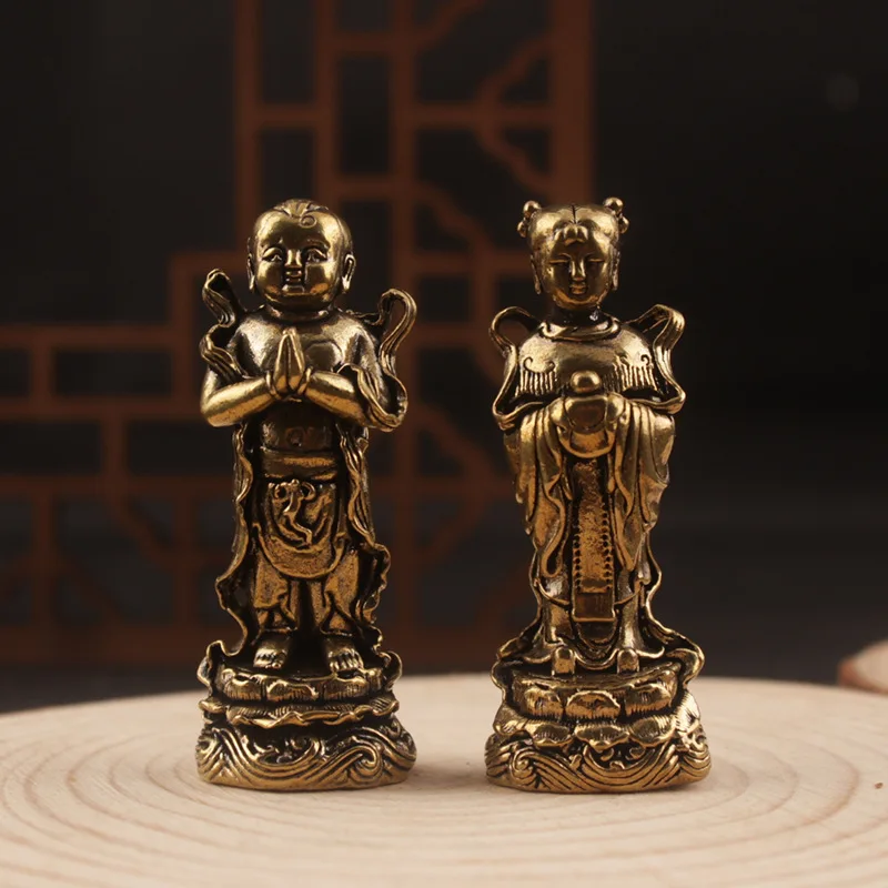 2 Pcs Brass Boy & Girl Attendant Statues, Pair of Golden Boy and Jade Girl, God of Wealth Boy & Dragon Girl Buddha