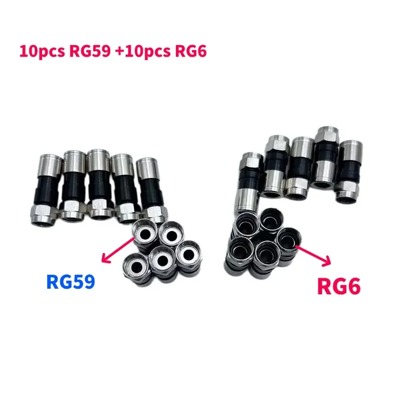 10pcs  Copper RG59 RG6  Compression Connector, 75-4 Coaxial Fitting, Waterproof Dual Shield, Imperial/Metric Compatible
