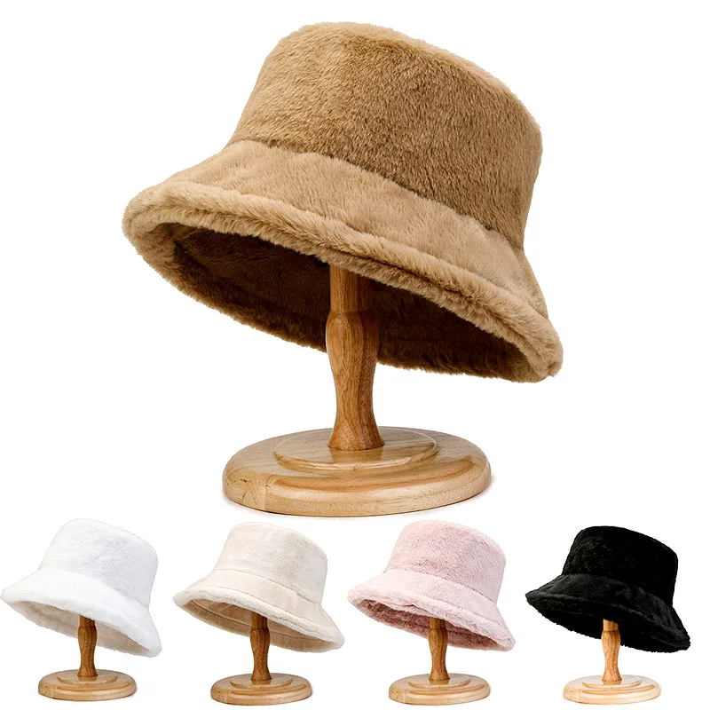 Winter Warmer Plüsch-Fischerhut Outdoor Winddichter Kunstfell-Fischerhut Weicher Panama Einfarbiger Beanie Bonnet Damen Breitkrempiger Hut