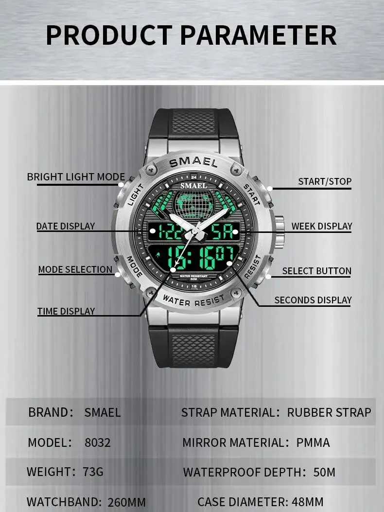 Military Quartz Electronic Watch SMAEL Sport Watch Dual Time Alarm Clock Auto Date Stopwatch Luminous 8032 Wristwatch For Men