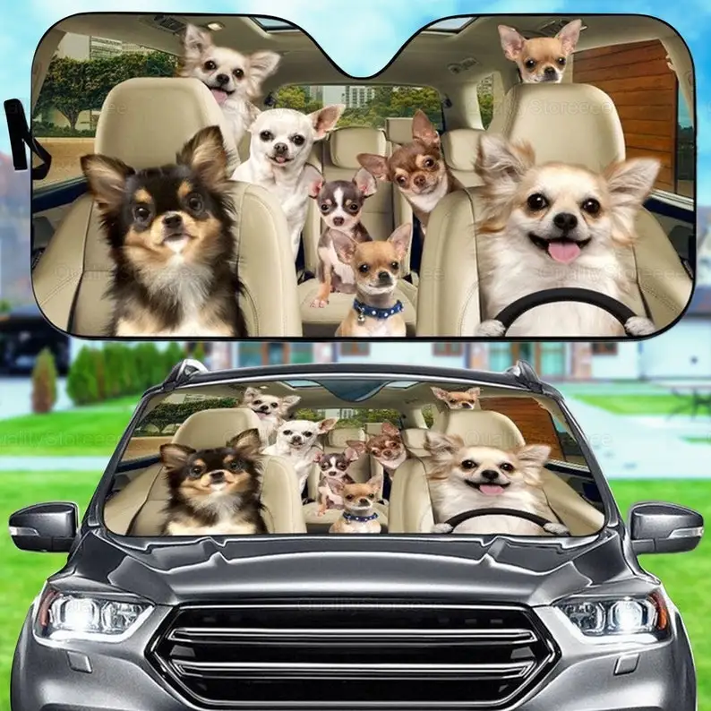 

Funny Chihuahua Car Sunshade, Dogs Family Sunshade, Dog Car Accessories, Car Decoration, Gift For Dad, Mom, Gift Owner Dog LNG18