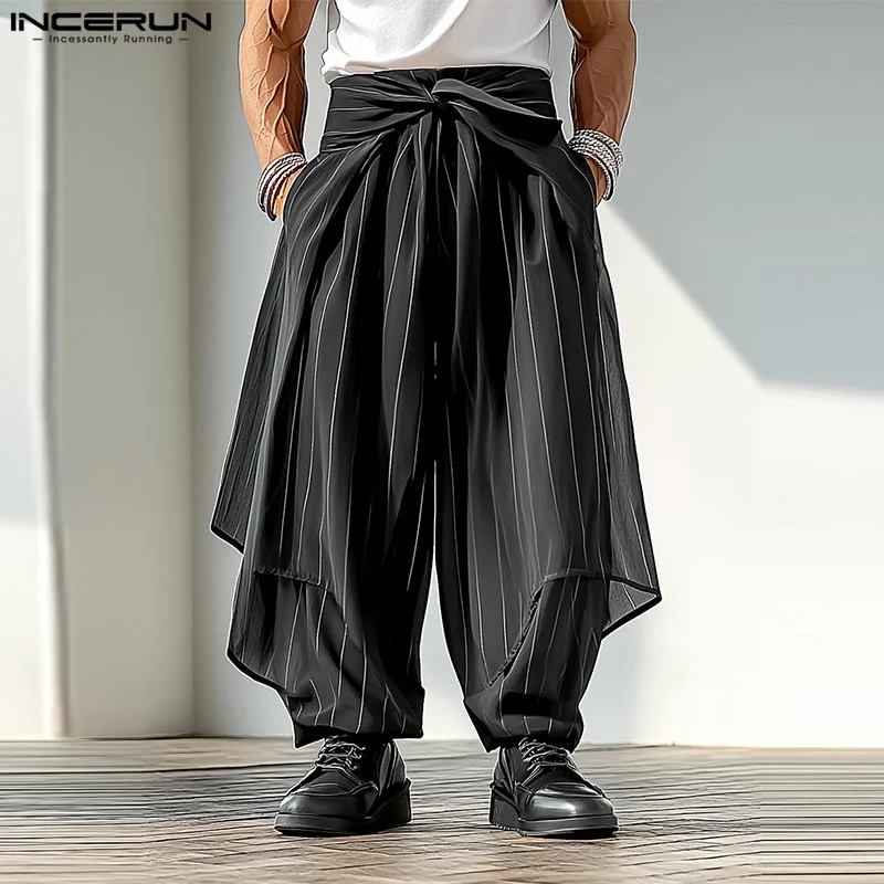 INCERUN, pantalones a rayas para hombre, pantalones para correr de gran tamaño con cintura elástica y cordones, pantalones casuales de pierna ancha, ropa de calle para hombre, pantalones irregulares 2025