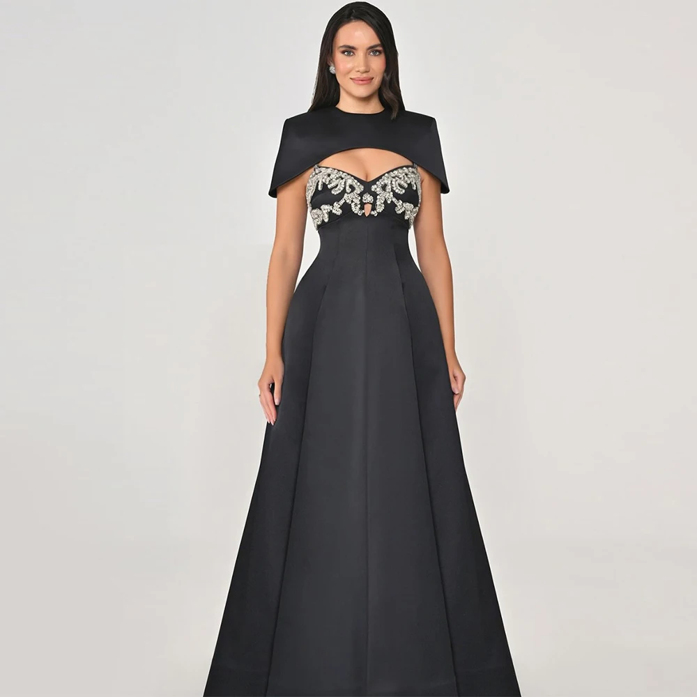 

Luxury Satin Evening Dress Exquisite O-Neck Customized Celebrity Gowns Temperament Sweep Train Appliques Celebrity Gowns
