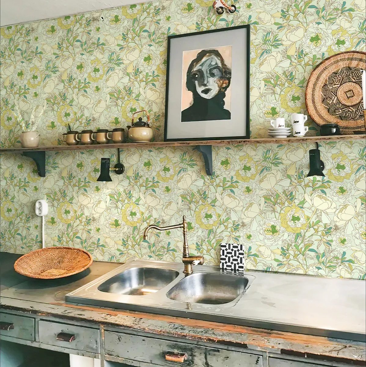 light Yellow Green Line Floral Foliage Waterproof Wallpaper Self Adhesive Removable Natural Green Botanical Cabinet Sticker