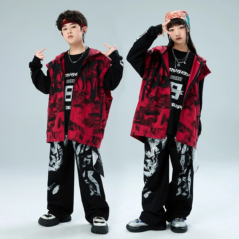 

Boys Hip Hop Dance Clothes Red Hooded Vest Black Pants Long Sleeves Street Wear Children Fashion Concert Stage Clothing BL15124