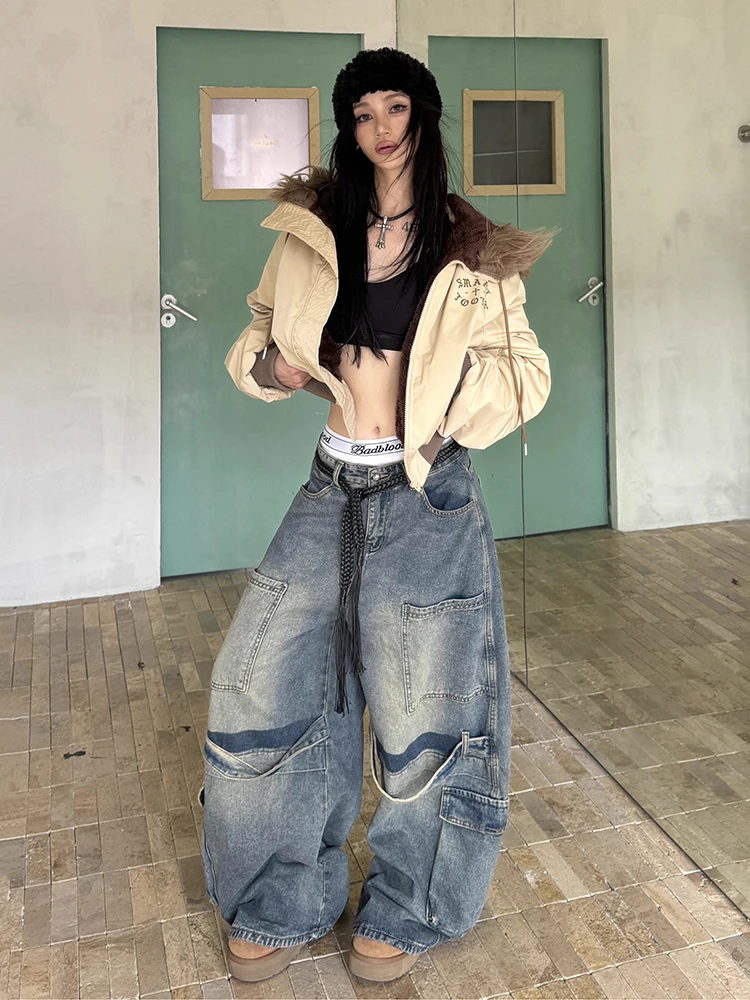 REDDACHiC Women Braided Belt Cargo Jeans Boyfriend Wash Multi-pocket Oversized Wide Leg Barrel Pants 90s Skater Retro Streetwear