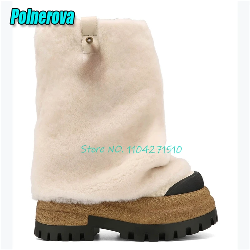 

Street Style Thick Soled Fur Sleeve Calf Boots Retro Camouflage Denim Round Toe Height Increasing Motorcycle Boots Women Shoes