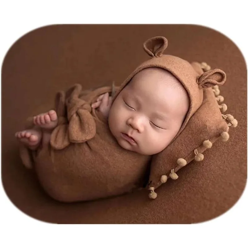 مجموعة دعامة صور للأطفال مكونة من 3 قطع - لفافة قماط + أداة مساعدة + قبعة - زي تصوير لحديثي الولادة للأولاد والبنات - موضوع الدب والقوس 0-6 أشهر