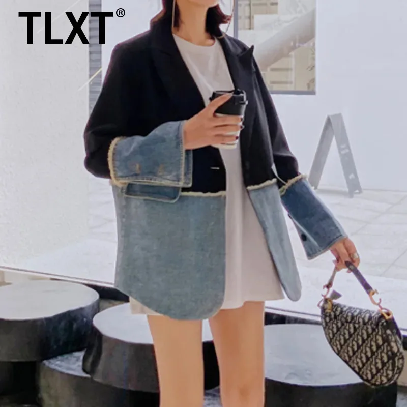 

TLXT модные женские джинсовые пальто в вертикальную полоску с лацканами, однобортные, нерегулярные, модные, темпераментные, женские, XK1362