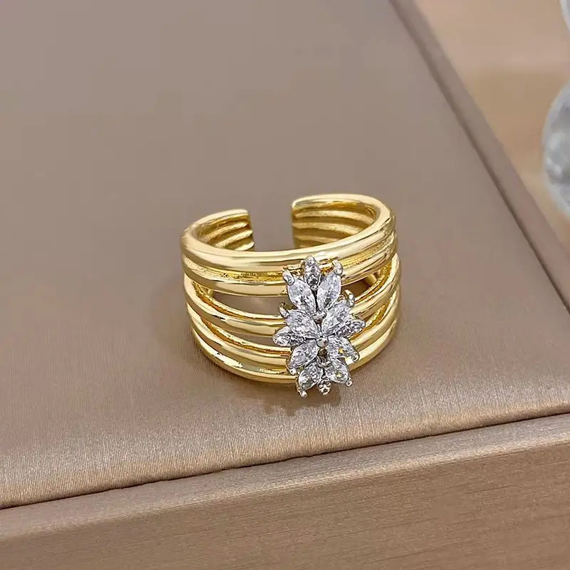 Freetry Luxury Multi-layer Golden Metal Copper Open Ring for Women Punk Shining Zircon Adjustable Wide Ring Lady Jewelry Gift