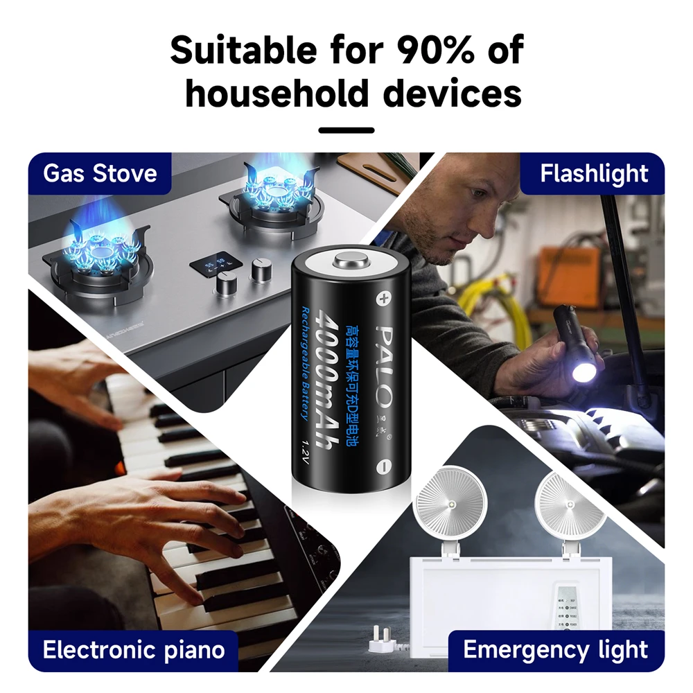 PALO 4000mAh 1.2V C Size Rechargeable Battery Type C Batteries R14 LR14 Ni-MH C Battery for Flashlight Gas Cooker+Smart Charger