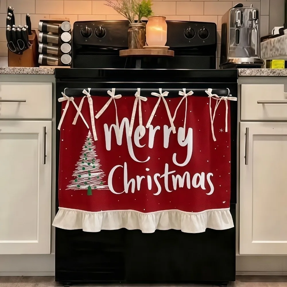 Durable Xmas Oven Decor Curtain Ribbon Ties Printed Pattern Appliance Cover Plaid Bow Kitchen Decor Protective Curtain