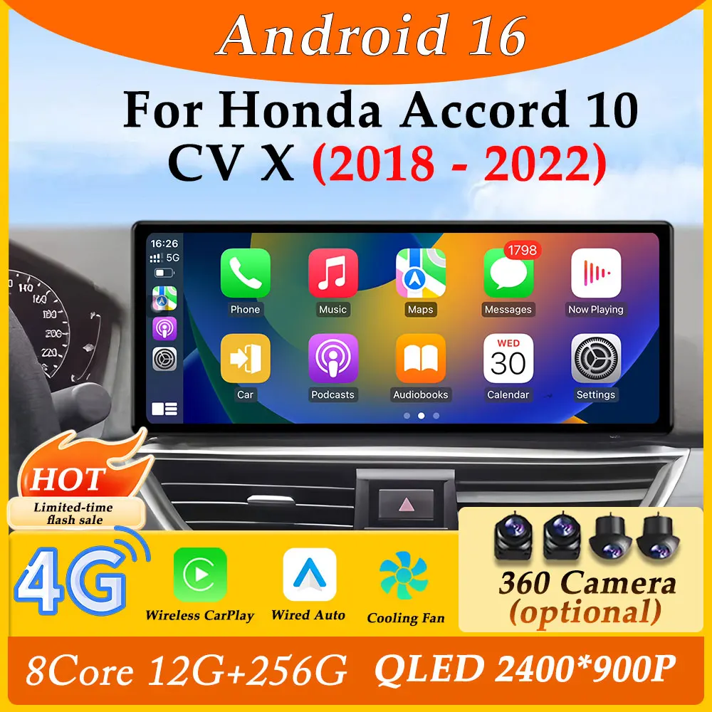 

Для Honda Accord 10 CV X 2018-2022 Автомобильный радиоприемник Мультимедийный плеер Ультратонкий экран CarPlay GPS Navi DSP Стерео Разделенный экран WIFI