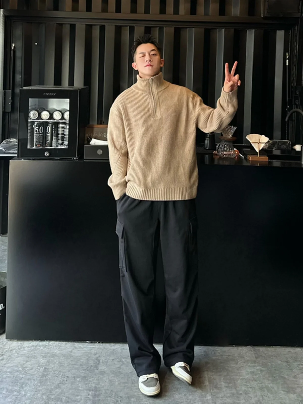 

Cafe Brown High Collar Men's Knitted Sweater Lazy Style Autumn Outerwear Cleanfit Korean Version Loose Fit Long Sleeve