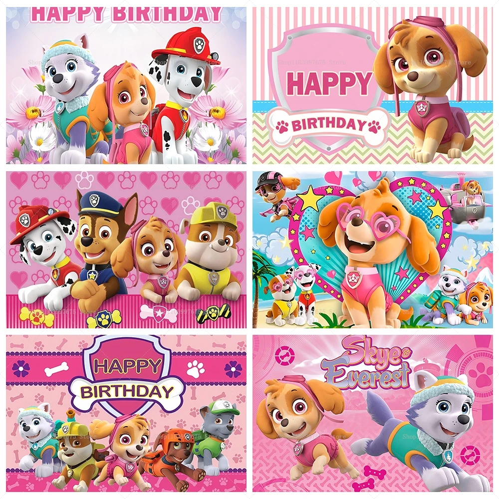 Pink Paw Patrol Skye Birthday Party Backdrop Decorations Girls Kid 1st Birthday Party Photography Background Photo Studio Banner