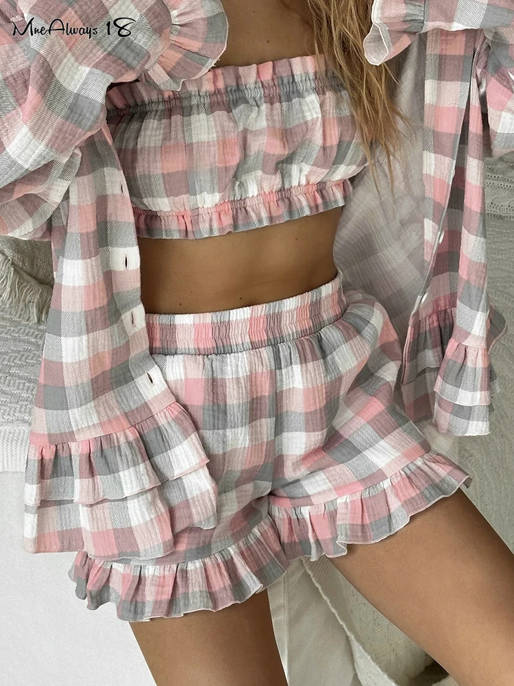 Mnealways18 Fashion Loose Plaid 3 Piece Sets Women Outfit 2024 Ruffled Long Sleeve Shirt + Bra With High Waist Shorts Sets Lady