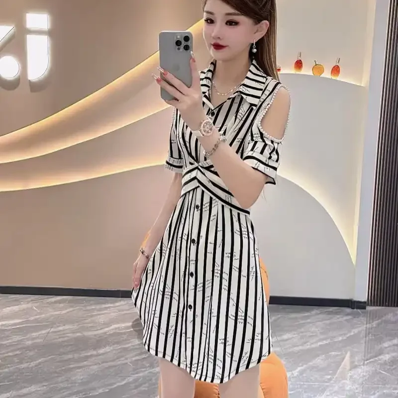Stripped Polo Neck Sleeveless Mini Dress With Button Front And Cold Shoulder Design Fashionable Women Summer Style