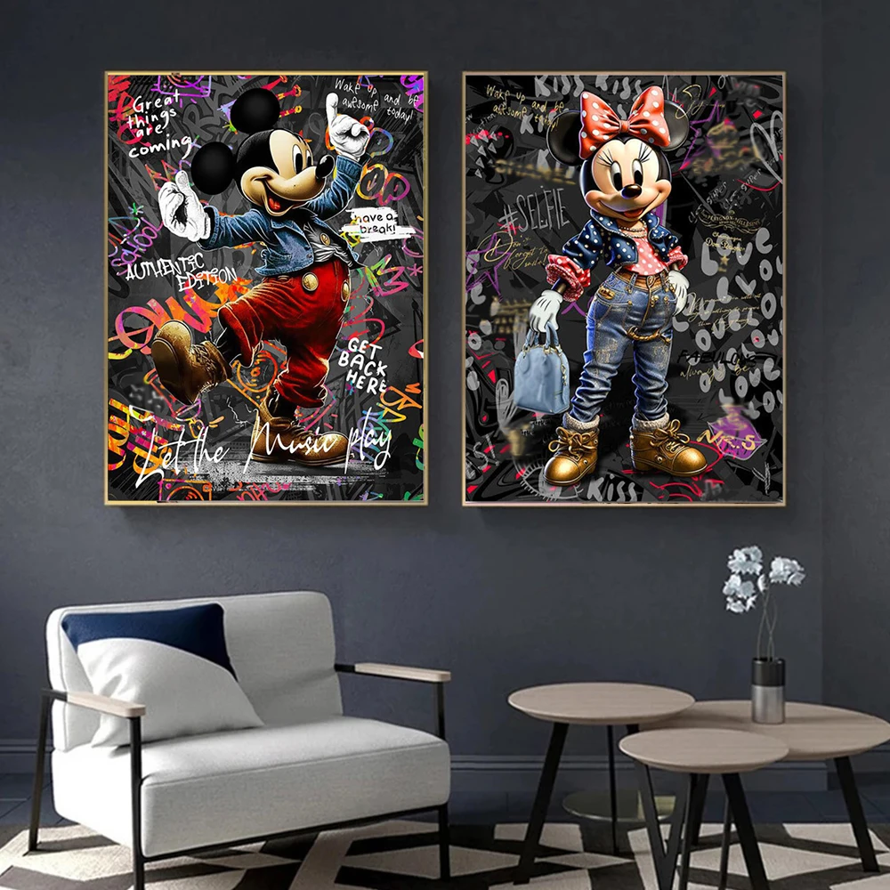 

Mickey Minnie Fashion Graffiti Love Dance Disney Comic Pop Art Wall Canvas Painting Street Wall Posters Prints Living Room Decor