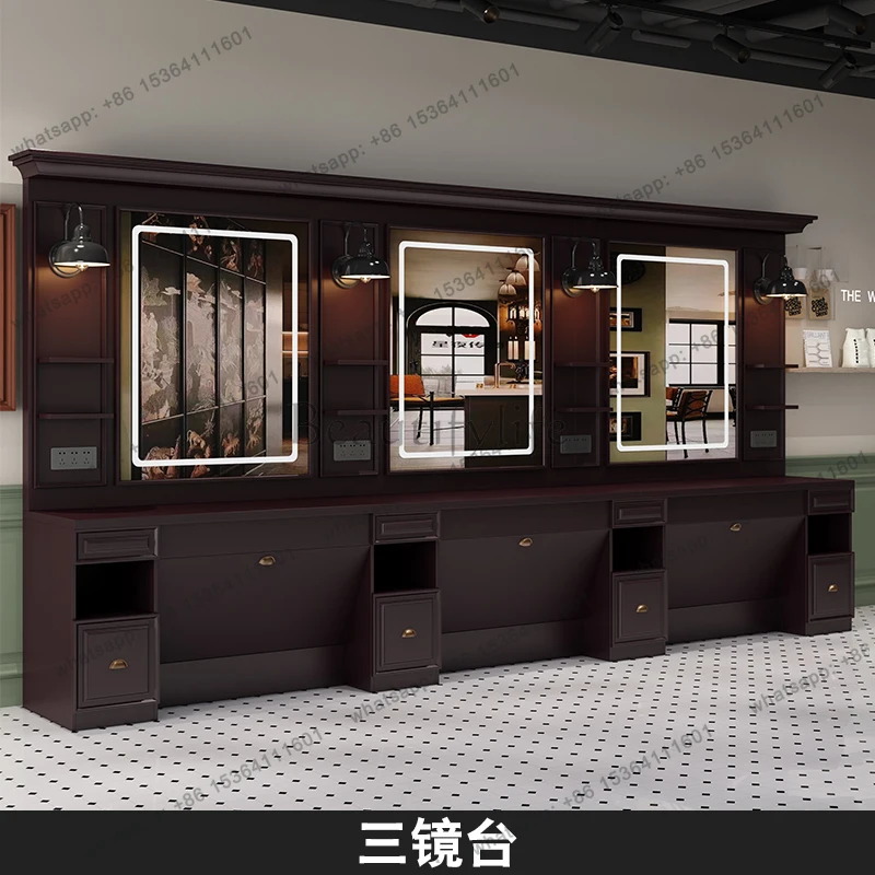 retro barber shop mirror table barber shop hair cutting solid wood mirror with lamp for men's hair salon