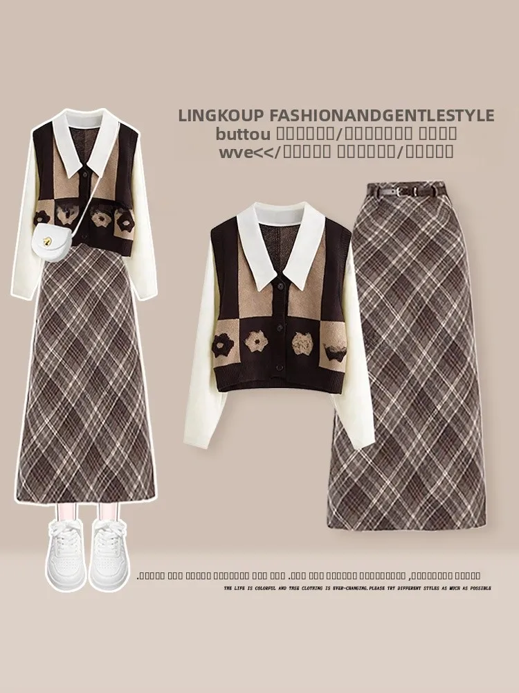 

Ретро-комплект: вязаный свитер больших размеров и юбка в клетку с высокой талией для женщин, модный ансамбль для зимы и осени, скрывающий возраст.