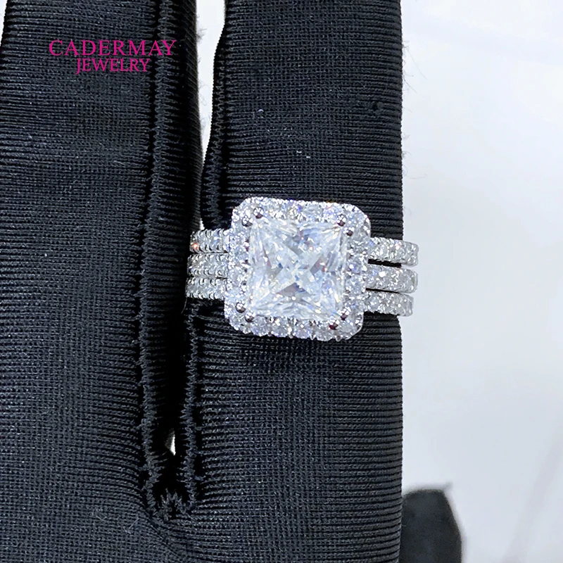 Cadermay 925 silver 3ct square princess cut vvs moissanite halo ring pave stacking engagement wedding ring set for women