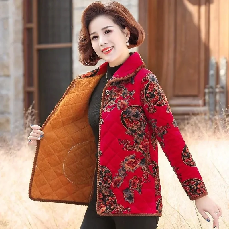 

2023 New Autumn Winter With Velvet Cotton-padded Jacket Women 50 And 60 Years Old Mid-Aged Mother Floral Warm Parkas Coat Female