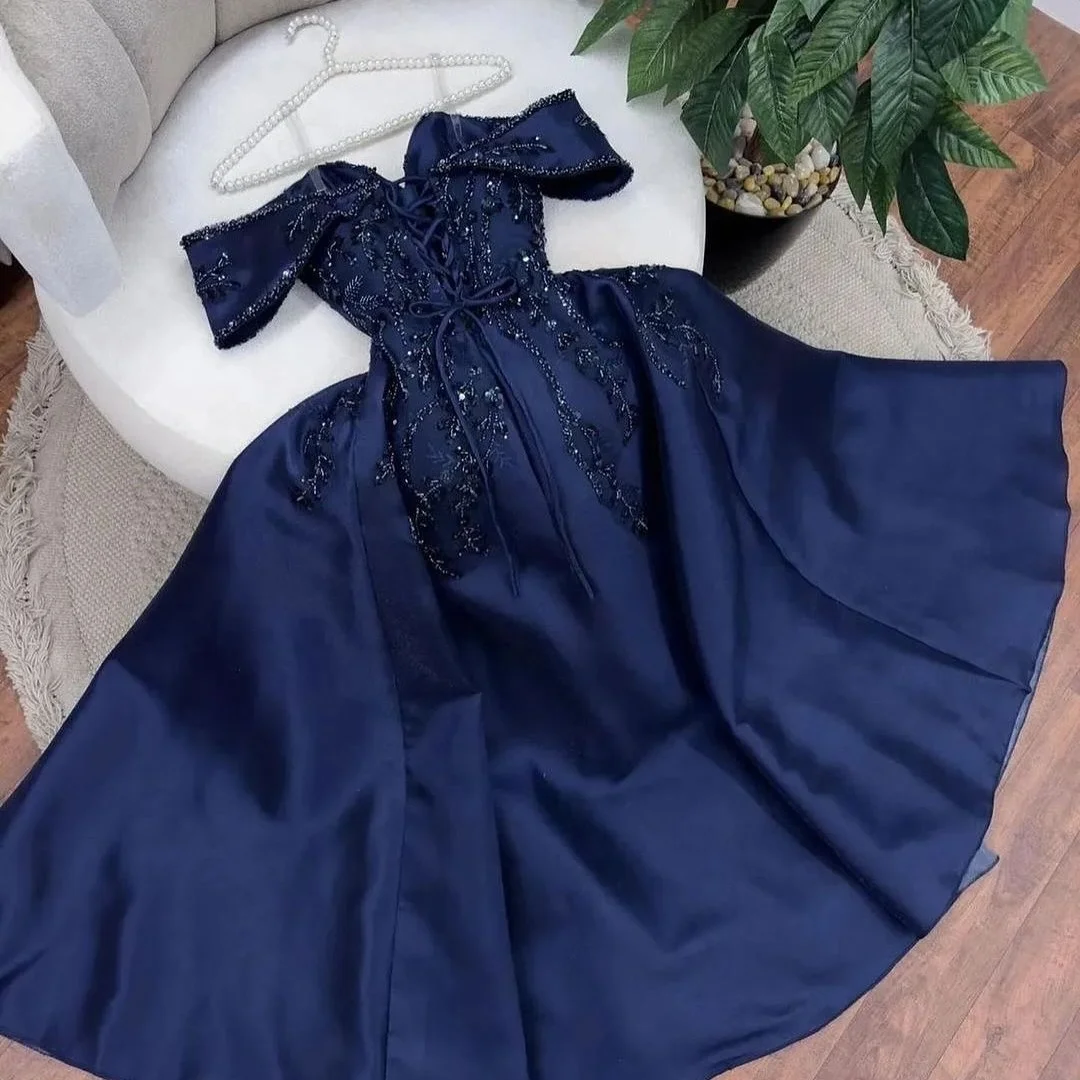 Amanda Customized Navy Satin Off-Shoulder Prom Dress Beaded Embroidery Puff Sleeve vestidos de noche Ball Gown Formal Evening