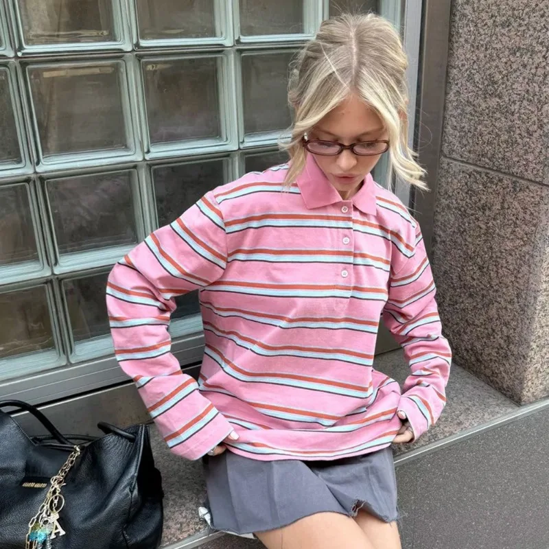 FRAYA LAB Primavera Estate delle nuove donne Retro a righe colletto polo T-shirt a maniche lunghe oversize Trendy Casual Allentato Basic Top Nuovo