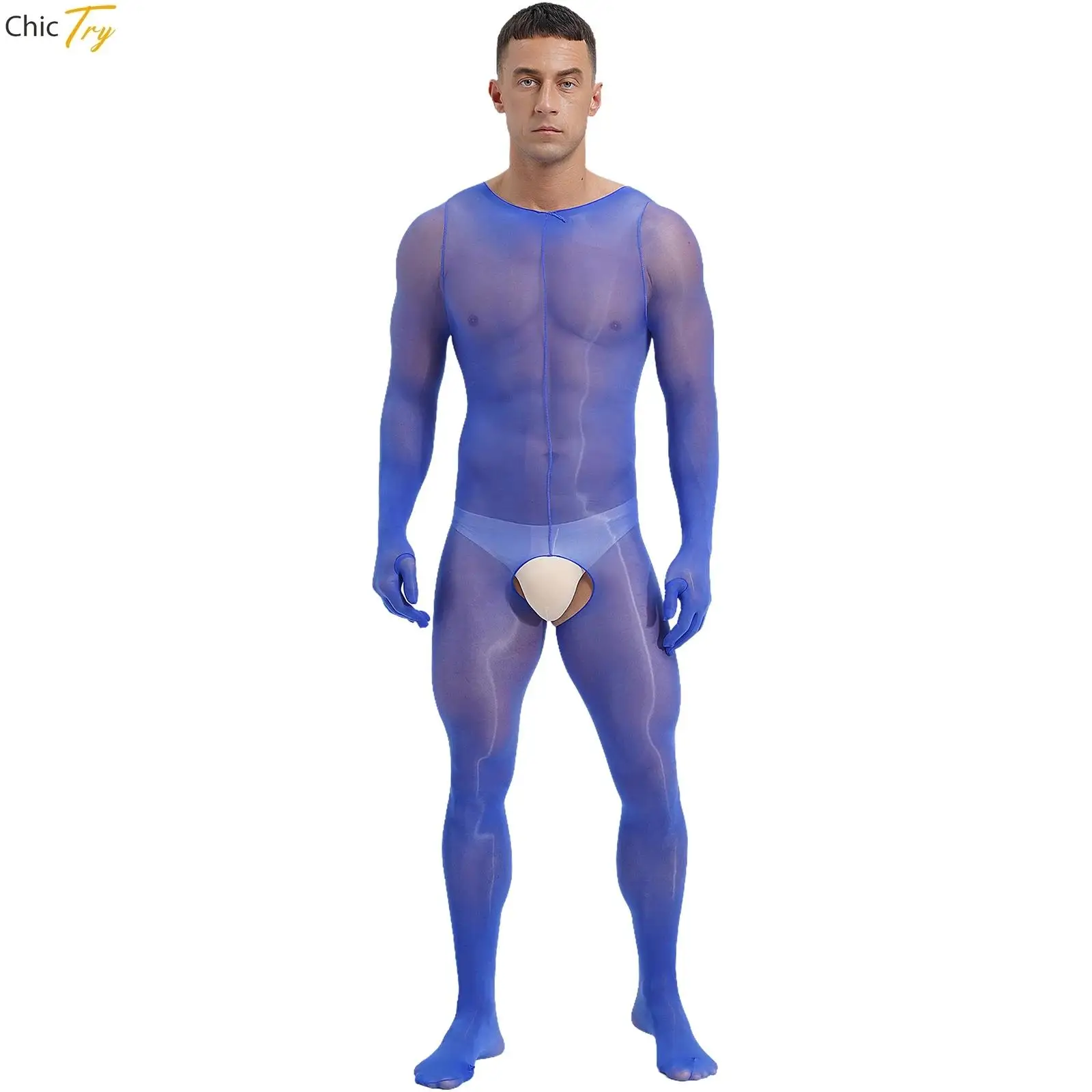 

Men's Oil Glossy Bodystockings Long Sleeve Finger Jumpsuits Crotchless Bodysuit Underwear Lingerie Man Unitard Nightwear