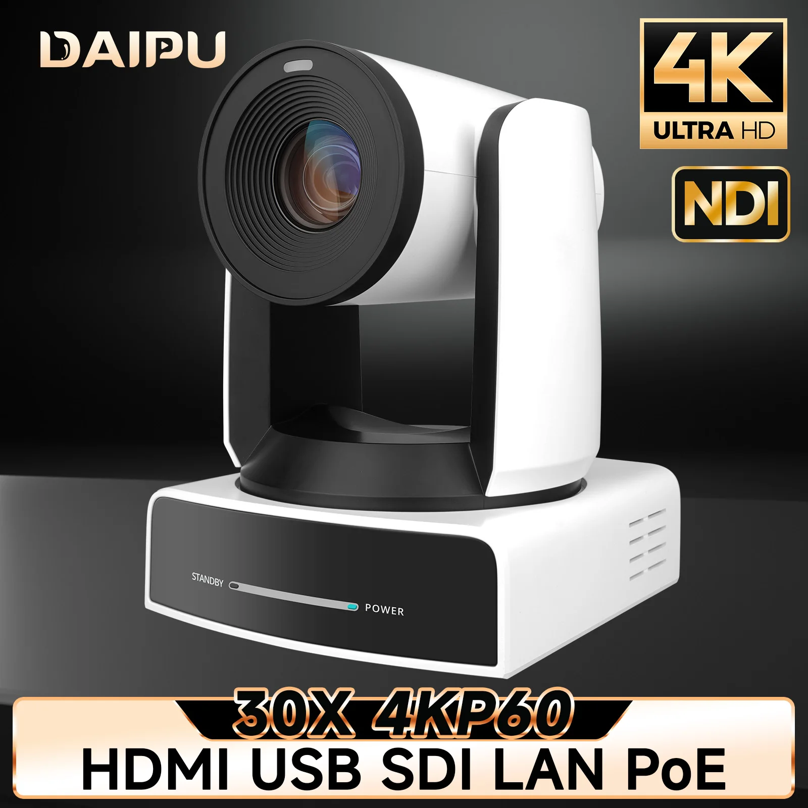 

DAIPU NDI PTZ Camera 4KP60 30X Optical HDMI USB SDI LAN POE AI Tracking for Church Live Streaming Conference with Youtube Live
