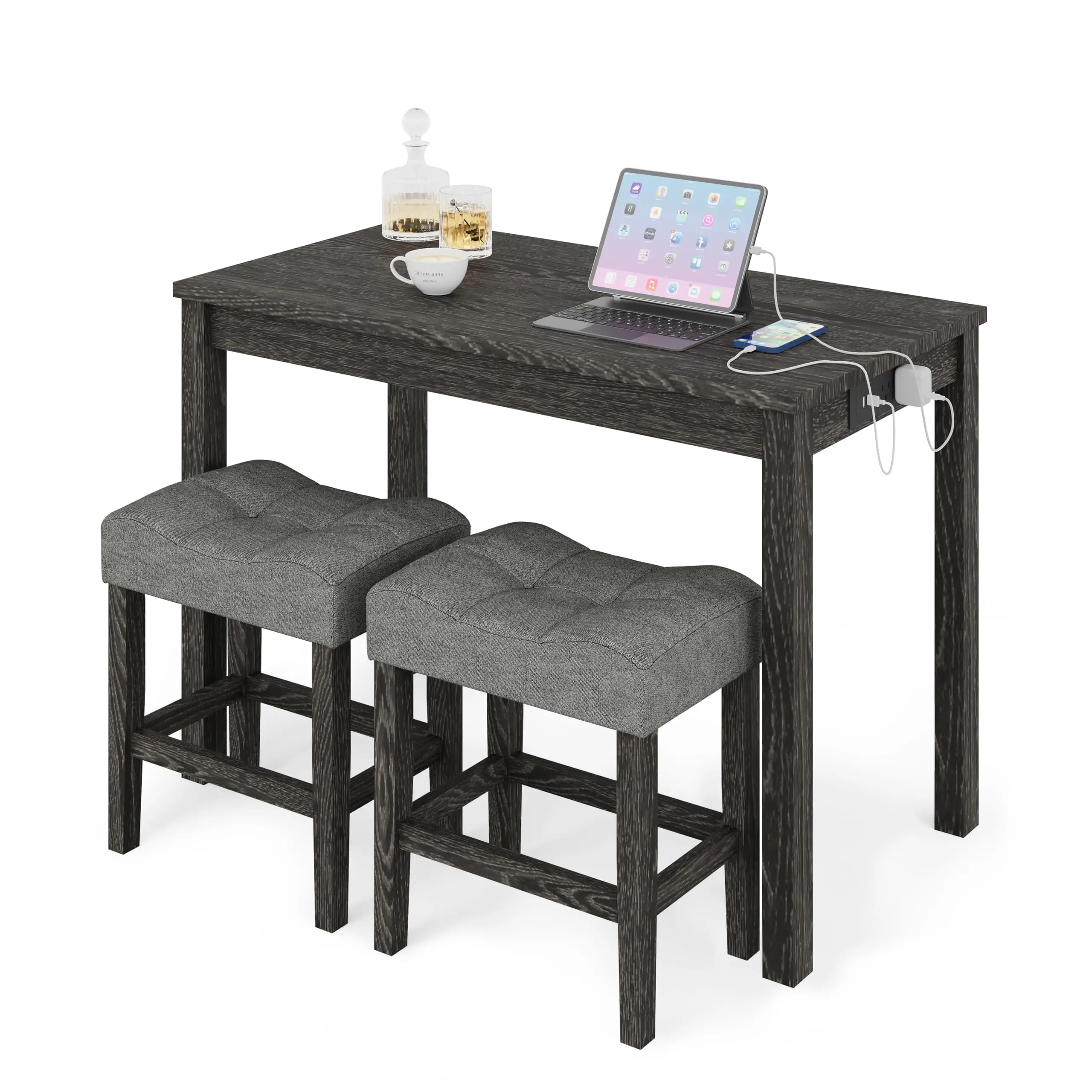 3-Piece Counter Height Bar Table Set with Socket and 2 Fabric Padded Bar Stools, Tall Kitchen Breakfast Dining Table