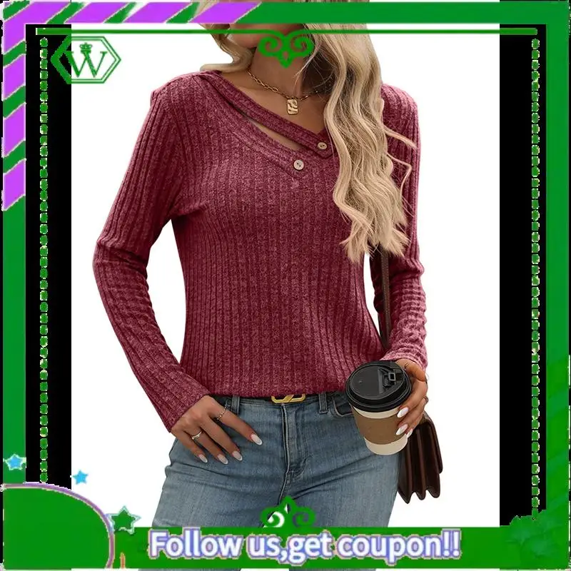 A18P- قمصان طويلة الأكمام للنساء الخامس الرقبة الخريف البلوزات متأنق عارضة الأساسية قمم السترة العصرية #5