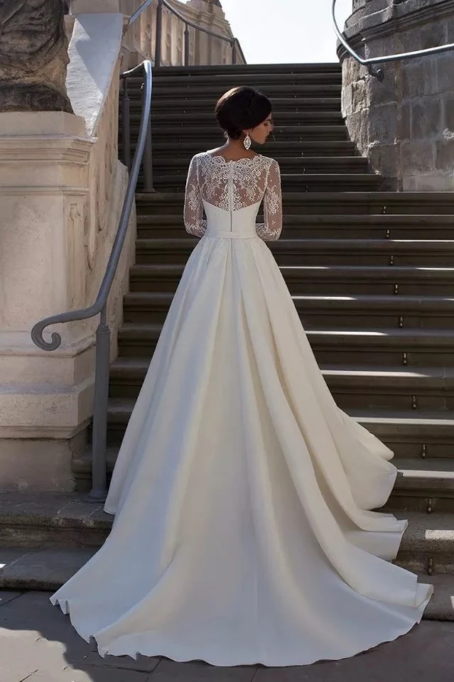 Vintage Satijn Bruidsjurken Lange Mouwen V-hals 2020 Nieuwe Spitze Top Bruidsjurk Robe De Mariage Plus Größe Vestido de novia