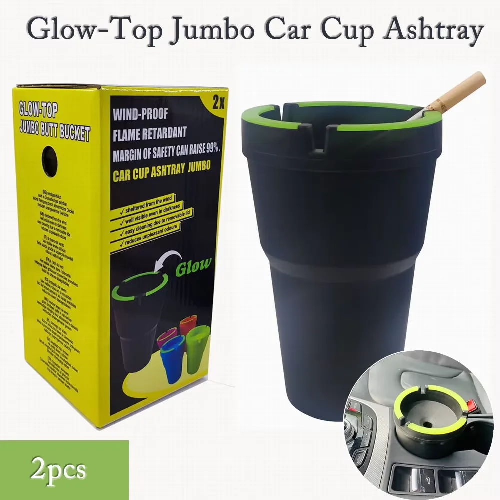 2pcs Glow Top Jumbo Flame Retardant Car Cup Ashtray Butt Bucket Smokeless Portable Heat Resistance Ashtray For Car Home Offic