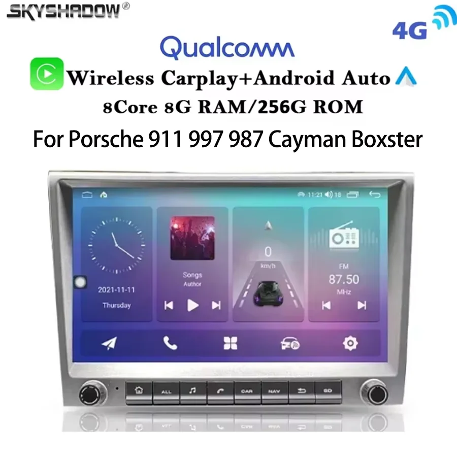 Per Porsche 911 997 987 Cayman Boxster, autoradio multimediale GPS Android 14.0 da 8 pollici grigio con CarPlay 720P, 8 Core, 8GB