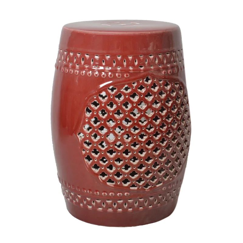 

red carved color glaze, round ceramic ancient stool, home living room garden, retro simple small stool