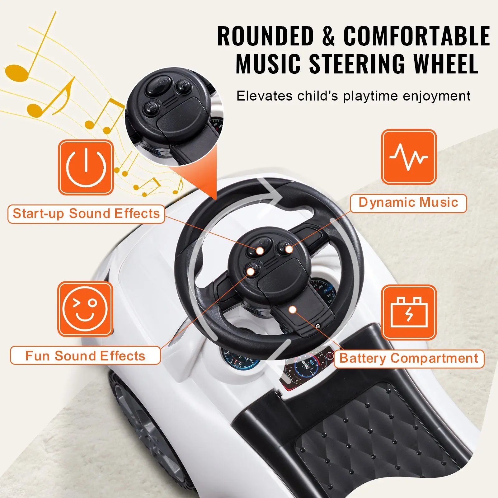 Stylish Ride On Push Car for Kids Aged 1-3 with Electronic Music Wheel Anti-Backward Bar and Seat-Level Storage White