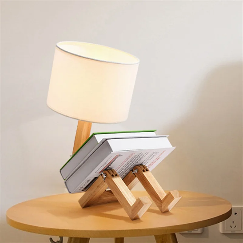 Lampe de table LED humanoïde en bois créative, lampe de table décorative nordique, adaptée à la chambre familiale, à l'étude, au salon