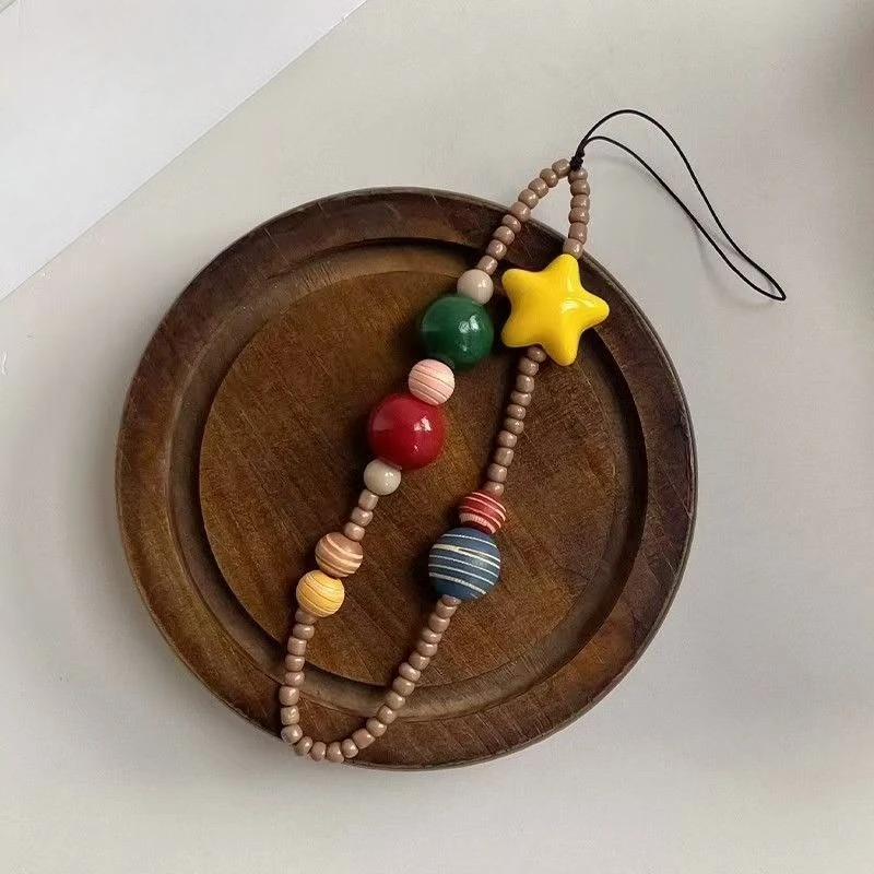 Cartoon Cute Star Colourful Beaded Phone Case Charm Chain Strap Wrist Trendy Pendant For iPhone Samsung Universal Accessories