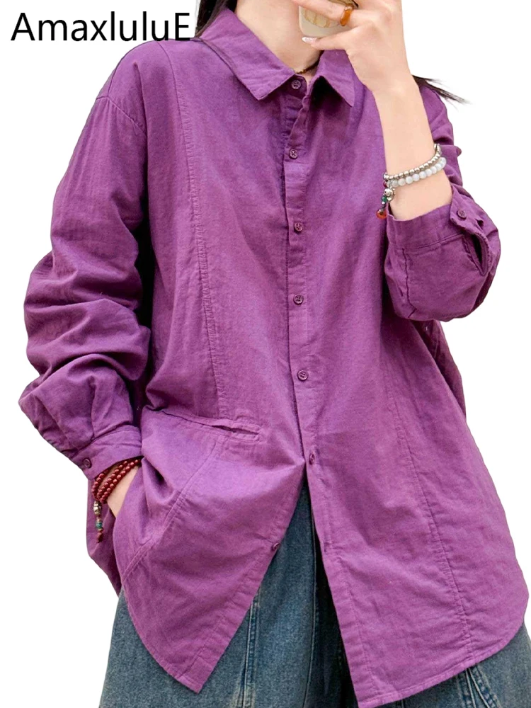 

Amax LuluE Brand Fall Womens Casual Fashion Shirts Loose Cotton Tops Females Classic Vintage Solid Elegant Long Sleeve Blouses