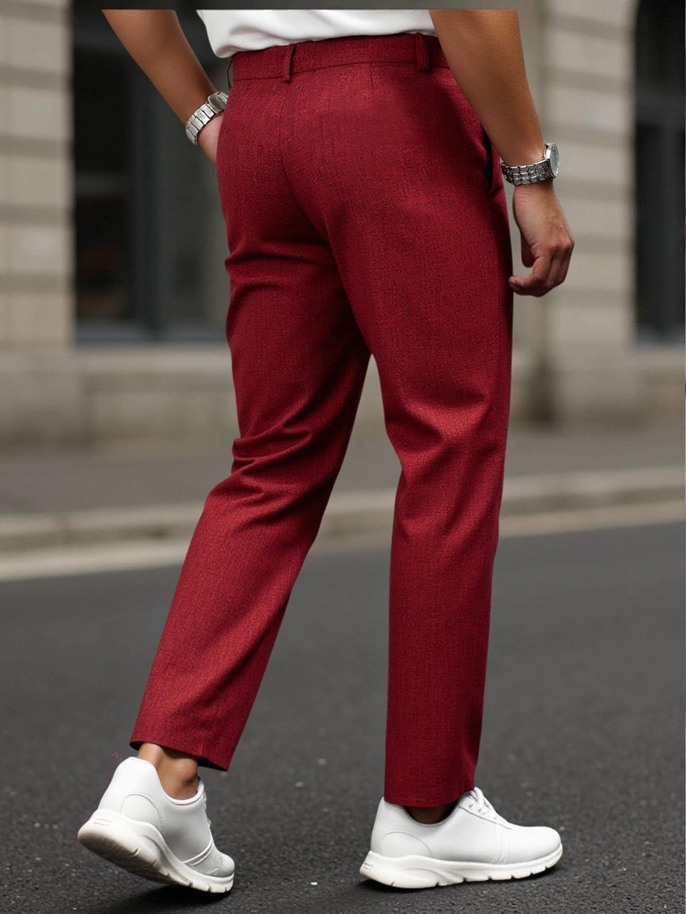 Men's high-waisted cropped chinos, slim-fit beige casual trousers for business and commuting, tapered dress pants