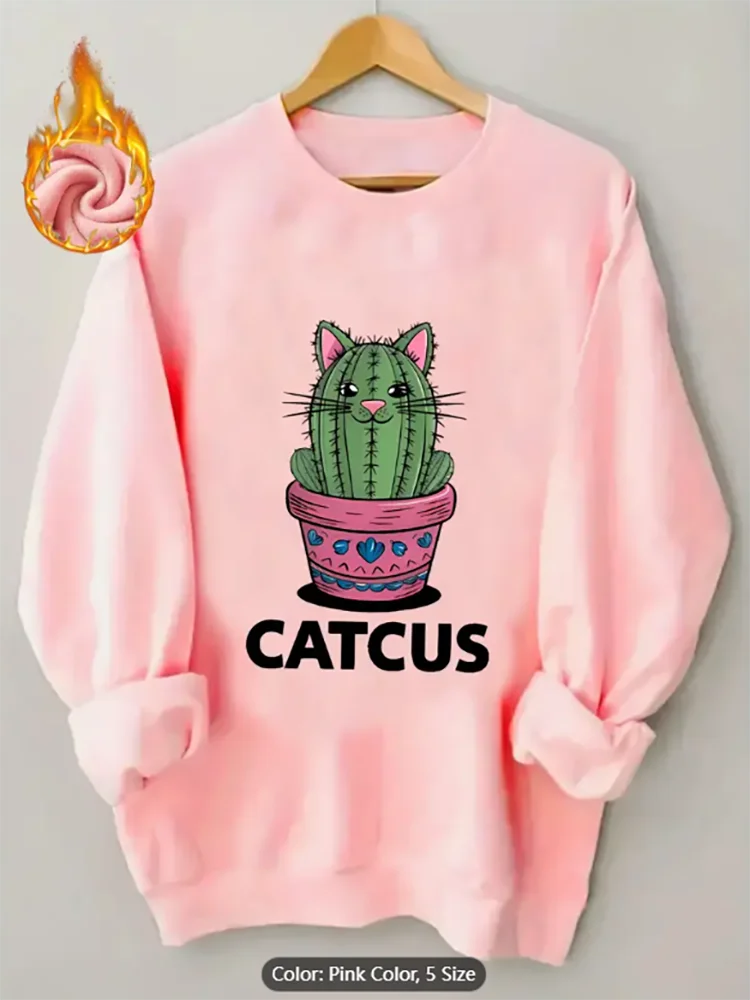 

Womens Sweatshirt Catcus Cactus Cat Graphic Print Fleece Lined Casual Oversized Pullover Top for Plant Cat Lovers Pure Cotton