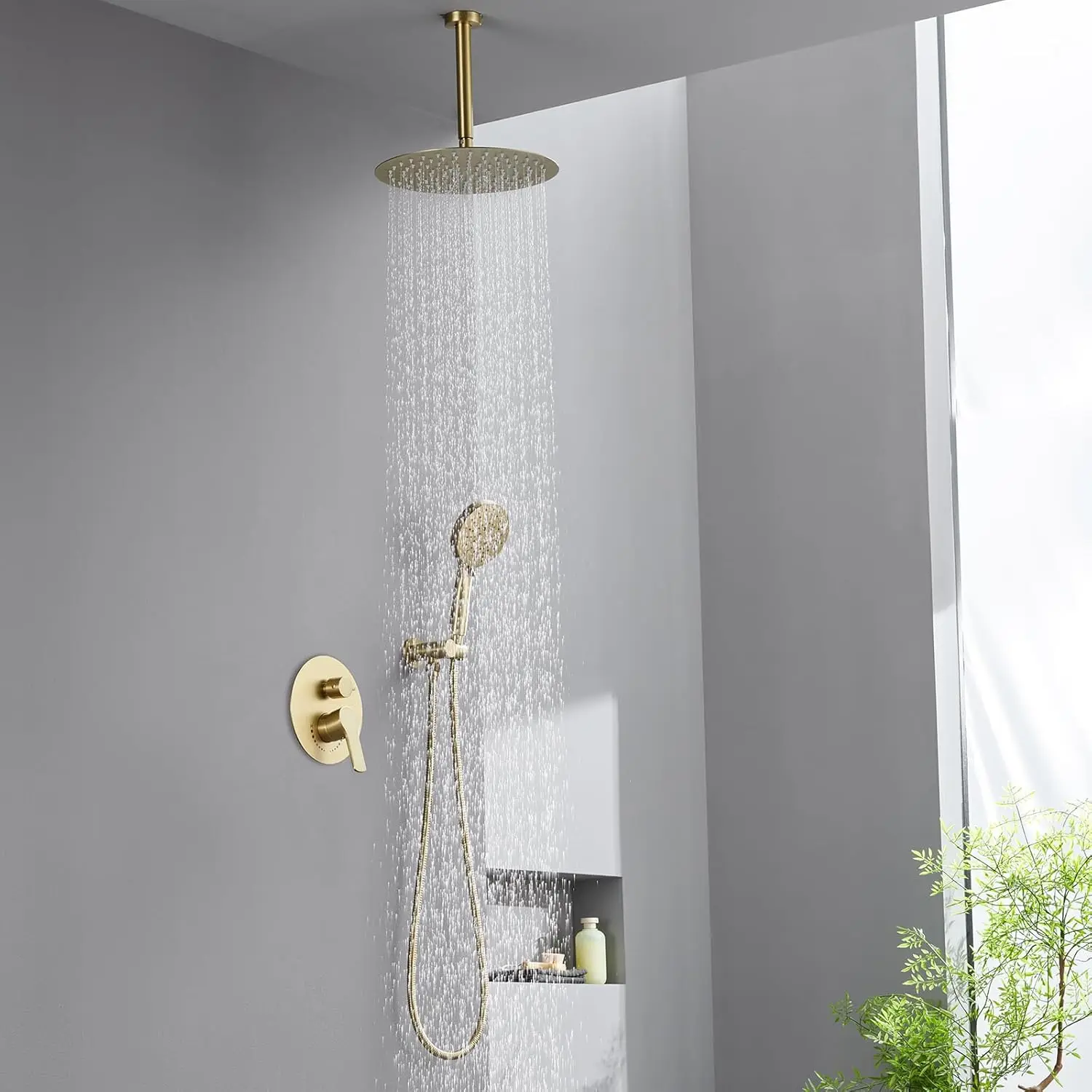 Brushed Gold Shower Faucet With Handheld Sprayer- 12 Inch Shower Head System Has Rain Shower Head And Handheld With Brass