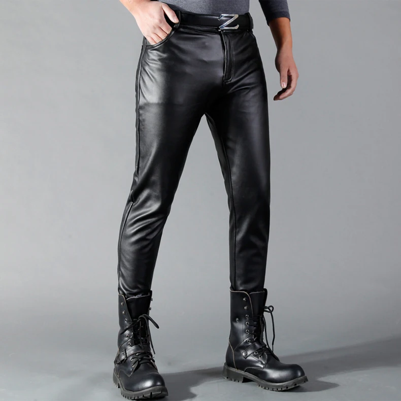 Herren-Lederhose, schmale Passform, elastisch, modisch, PU-Leder, Bikerhose, Nachtclub, Party- und Tanzhose, dünn – Detail 2