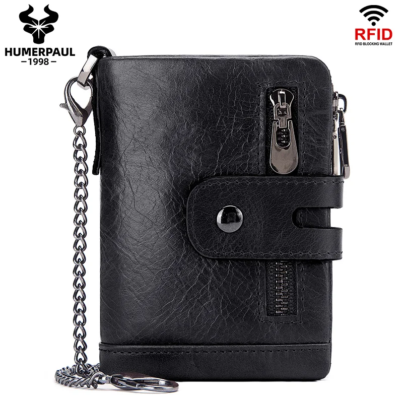 

LAREET RFID 100%Genuine Leather Wallet With For Men Money Short Double Zipper Coin Male Bifold Pocket Card Holder Purse