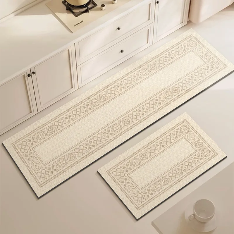 Kitchen Floor Mat Anti-slip Oil-proof Erasable Carpet Leather PVC Waterproof Rug Beige Line Texture Home Decoration Mats 주방 카펫