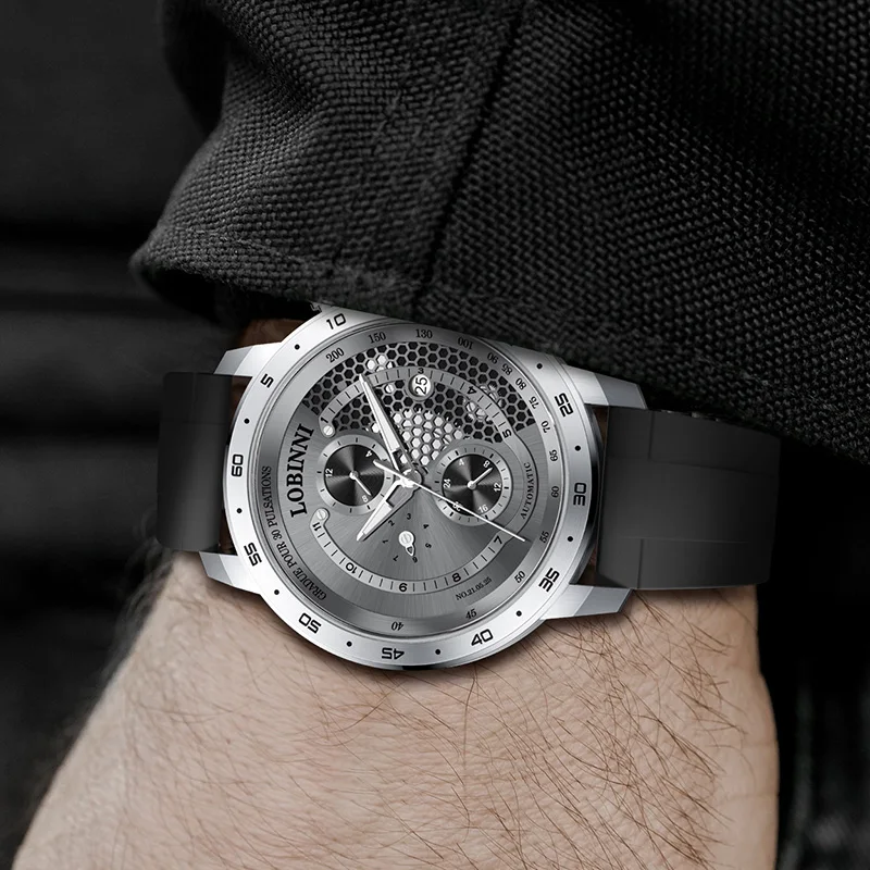 Robinni-メンズ発光メカニカルスポーツウォッチ、自動、防水、ラバーストラップ、発光、新品、50m