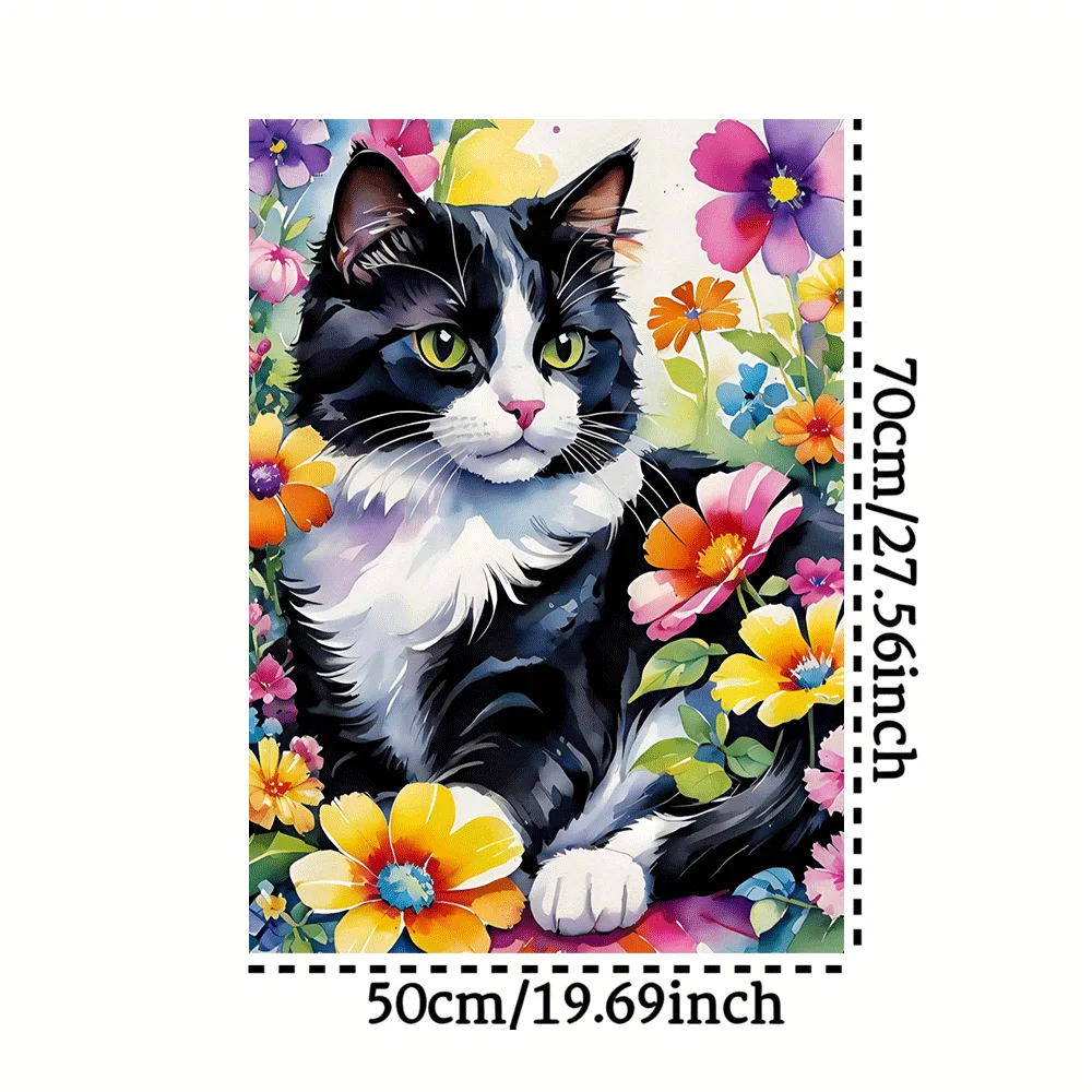 Puzzle dla dorosłych z motywem kota akwarelowego wśród kolorowych kwiatów, gra intelektualna, zabawka dekoracyjna do domu i na czas wolny.